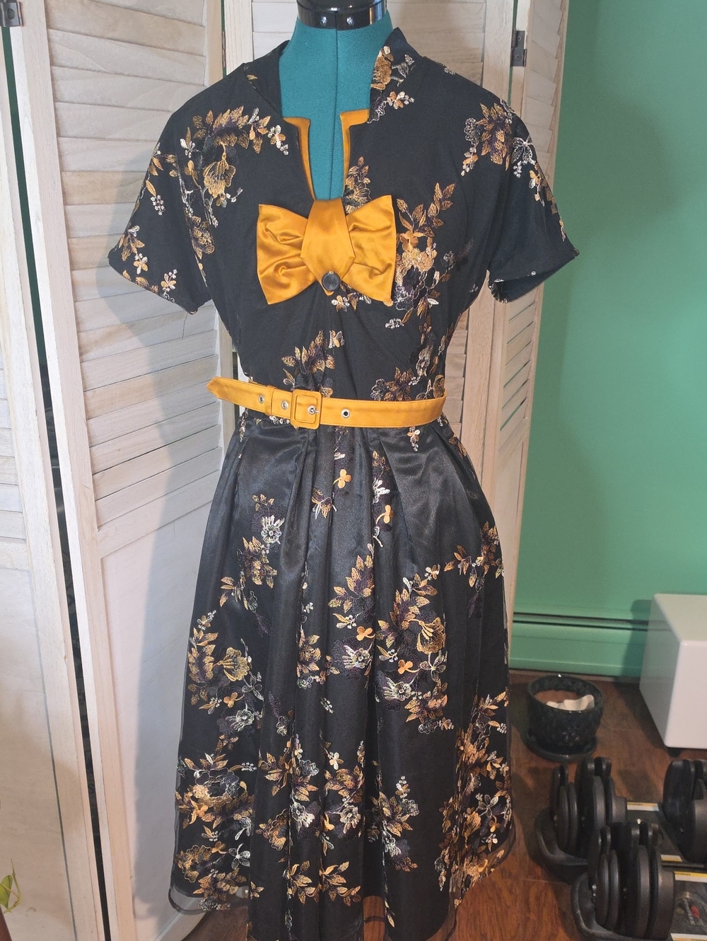 Miss Candyfloss Black Gold Embroidered Floral Mesh Dress L Bow Belt NWT